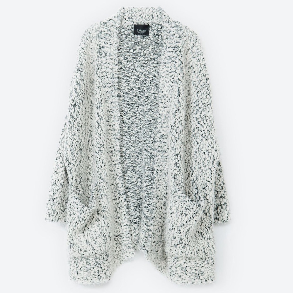 Zara Knit Open Front Cardigan Slouchy Eyelash Sweater oversized in marled gray M